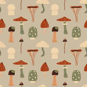 Hand drawn seamless pattern with different mushrooms. Nature repeated textile Stock Illustration