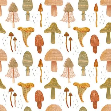Hand drawn seamless pattern with different mushrooms. Nature repeated textile Stock Illustration