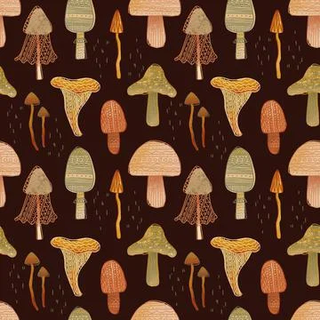 Hand drawn seamless pattern with different mushrooms. Nature repeated textile Stock Illustration