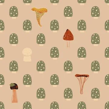 Hand drawn seamless pattern with different mushrooms. Nature repeated textile 스톡 일러스트