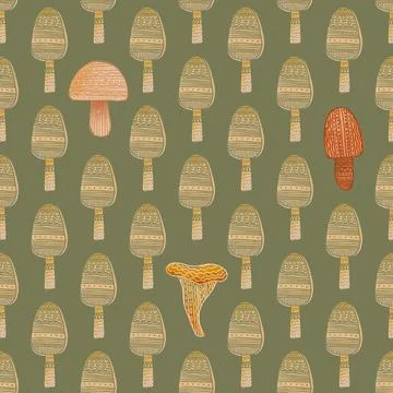 Hand drawn seamless pattern with different mushrooms. Nature repeated textile Stock Illustration