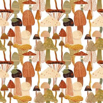 Hand drawn seamless pattern with different mushrooms. Nature repeated textile Stock Illustration
