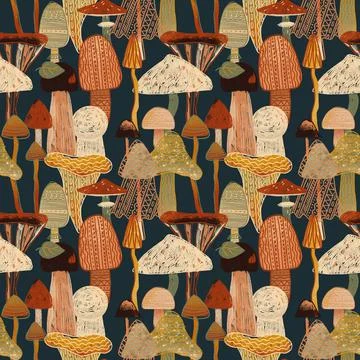 Hand drawn seamless pattern with different mushrooms. Nature repeated textile Stock Illustration