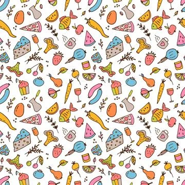 Hand drawn seamless pattern with different type of food and drinks. Doodle .. Stock Illustration