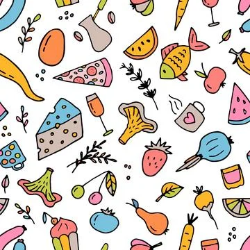 Hand drawn seamless pattern with different type of food and drinks. Doodle .. Stock Illustration