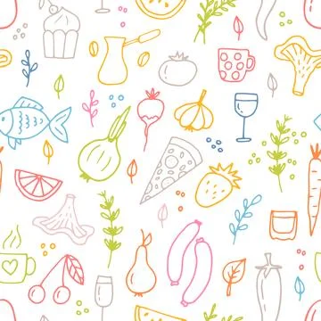 Hand drawn seamless pattern with different type of food and drinks. Doodle .. Stock Illustration