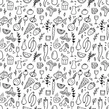Hand drawn seamless pattern with different type of food and drinks. Doodle .. Stock Illustration