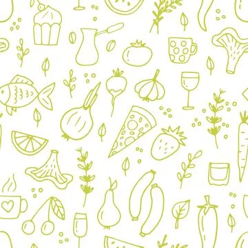 Hand drawn seamless pattern with different type of food and drinks. Doodle .. Stock Illustration