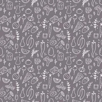 Hand drawn seamless pattern with different type of food and drinks. Doodle .. Stock Illustration