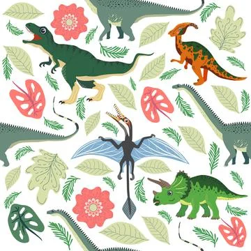 Hand drawn seamless pattern with dinosaurs and tropical leaves and flowers. P Stock Illustration