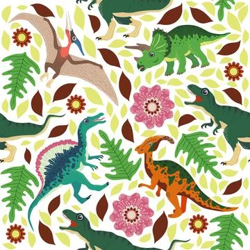 Hand drawn seamless pattern with dinosaurs and tropical leaves and flowers. P Stock Illustration