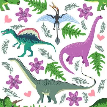 Hand drawn seamless pattern with dinosaurs and tropical leaves and flowers. P Stock Illustration