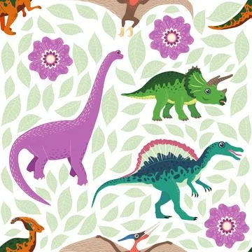 Hand drawn seamless pattern with dinosaurs and tropical leaves and flowers. P 스톡 일러스트