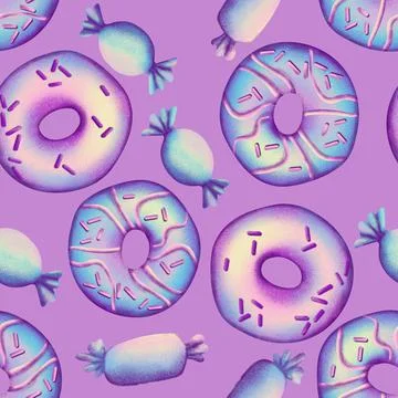 Hand drawn seamless pattern with donut pastry bakery baking food. Pastel blue Stock Illustration