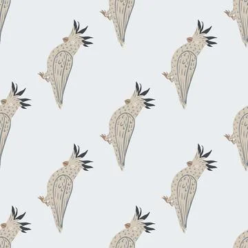 Hand drawn seamless pattern with doodle grey contoured cockatoo parrot print. Illustrazione stock