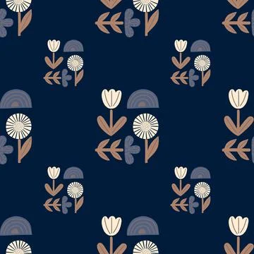 Hand drawn seamless pattern with doodle flowers, rainbow and leaves print. Na Stock Illustration