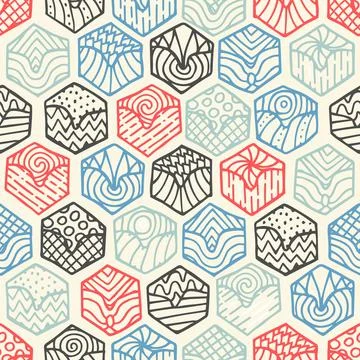 Hand drawn seamless pattern with doodle filled hexagons Stock Illustration