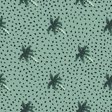 Hand drawn seamless pattern with doodle coconut palm tree print. Blue backgro Stock Illustration