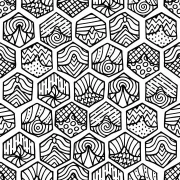 Hand drawn seamless pattern with doodle filled hexagons Stock Illustration