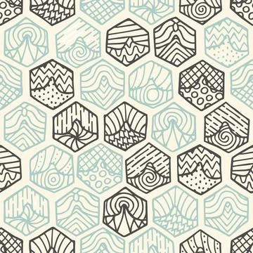 Hand drawn seamless pattern with doodle filled hexagons Illustrazione stock