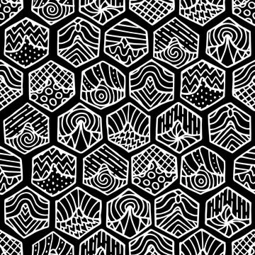 Hand drawn seamless pattern with doodle filled hexagons Stock Illustration