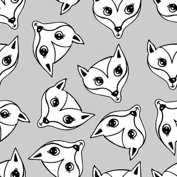 Hand drawn seamless pattern with doodle fox on grey background Illustrazione stock