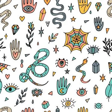 Hand drawn seamless pattern. Doodle boho style. Halloween. Witchcraft print.. Illustrazione stock