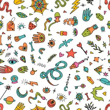Hand drawn seamless pattern. Doodle boho style. Witchcraft print. Halloween.. Stock Illustration