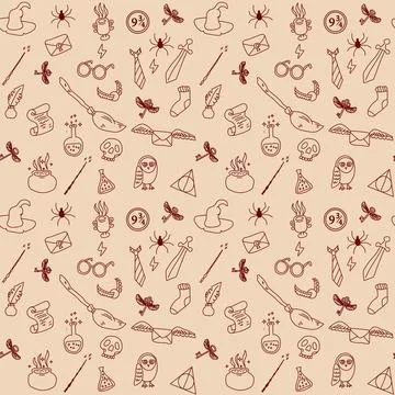 Hand drawn seamless pattern doodle magic things from a wizard school. Illustrazione stock
