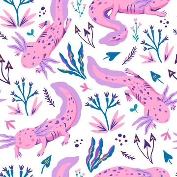 Hand-drawn seamless pattern with doodle axolotles and plants. Cute vector i.. Stock Illustration