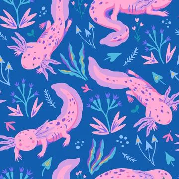 Hand-drawn seamless pattern with doodle axolotles and plants. Cute vector i.. Illustrazione stock