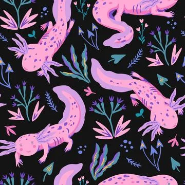 Hand-drawn seamless pattern with doodle axolotles and plants. Cute vector i.. Illustrazione stock