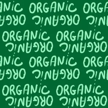 Hand drawn seamless pattern eco organic words leaves on green background. Eco Stock Illustration