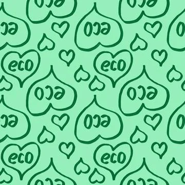 Hand drawn seamless pattern eco organic words leaves on green background. Eco Stock Illustration