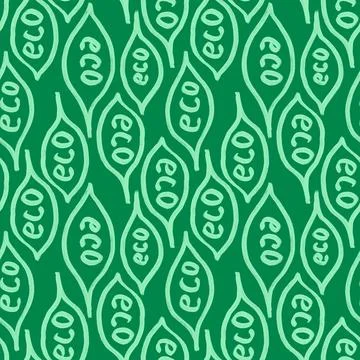 Hand drawn seamless pattern eco organic words leaves on green background. Eco Stock Illustration