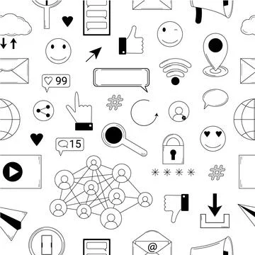 Hand drawn seamless pattern with elements of social media. Promotion Stock Illustration