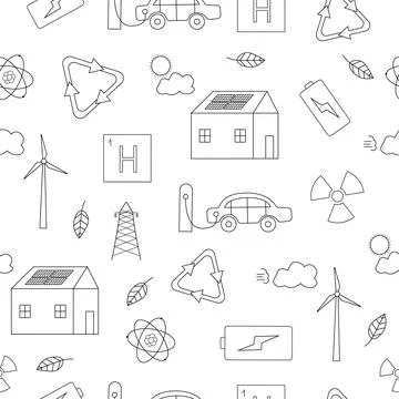 Hand drawn seamless pattern with elements depicting renewable energy. Energy of Stock Illustration