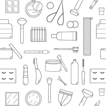 Hand drawn seamless pattern with elements with elements of cosmetics. Outline Illustrazione stock