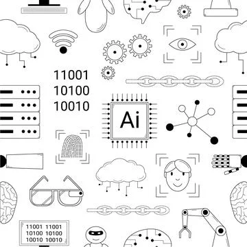 Hand drawn seamless pattern with elements depicting artificial intelligence Stock Illustration