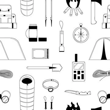 Hand drawn seamless pattern with elements for hiking and camping. Outline Stock Illustration