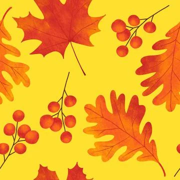 Hand drawn seamless pattern with fall autumn leaf leaves berry berries, maple Stock Illustration