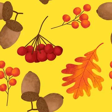 Hand drawn seamless pattern with fall autumn leaf leaves berry berries, maple Stock Illustration