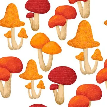Hand drawn seamless pattern with fall autumn mushrooms fungi, wild nature Stock Illustration