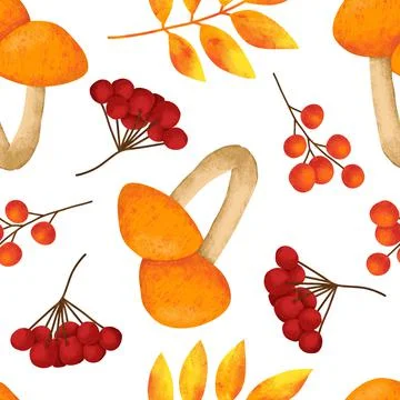 Hand drawn seamless pattern with fall autumn mushrooms fungi, wild nature Stock Illustration