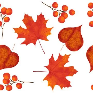 Hand drawn seamless pattern with fall autumn leaf leaves berry berries, maple Stock Illustration