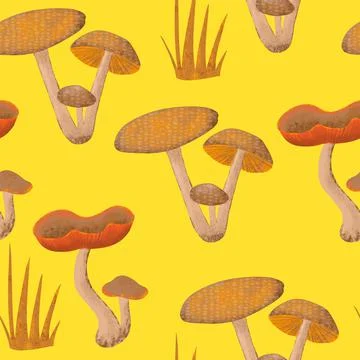 Hand drawn seamless pattern with fall autumn mushrooms fungi, wild nature Stock Illustration