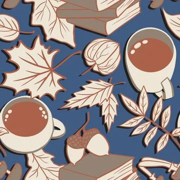 Hand drawn seamless pattern with fall autumn leaves, cup of tea coffee, stack of イラスト素材