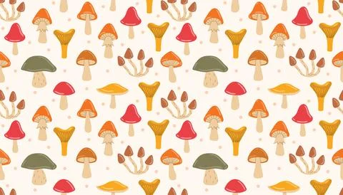 Hand-drawn seamless pattern with fall mushrooms and soft dotted accents. Stock Illustration