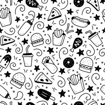 Hand drawn seamless pattern of fast food doodle. Vector illustration. Stock Illustration