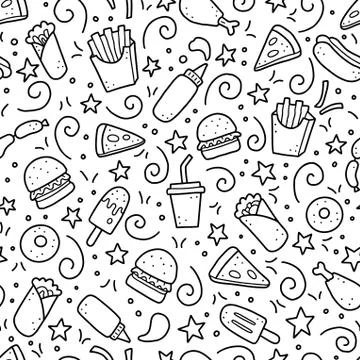 Hand drawn seamless pattern of fast food doodle. Vector illustration. Stock Illustration